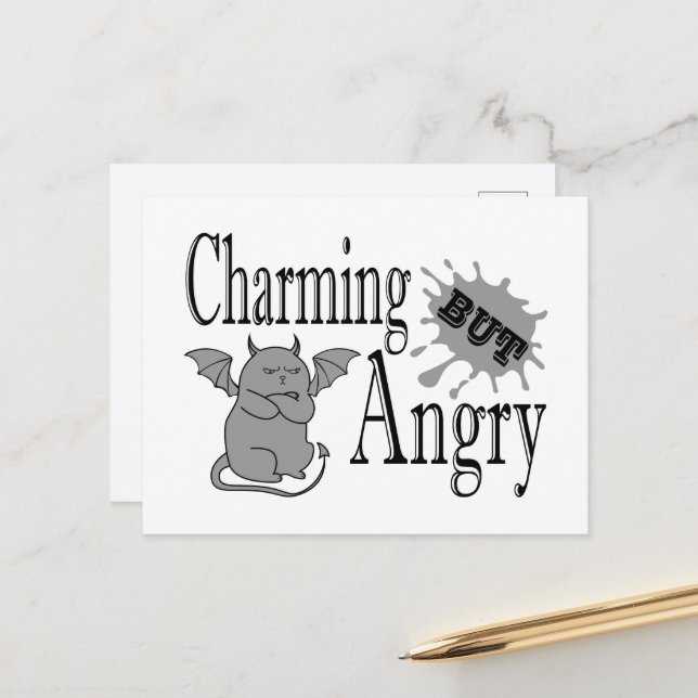 Charming but angry little devil cat funny quote postcard (Front/Back In Situ)
