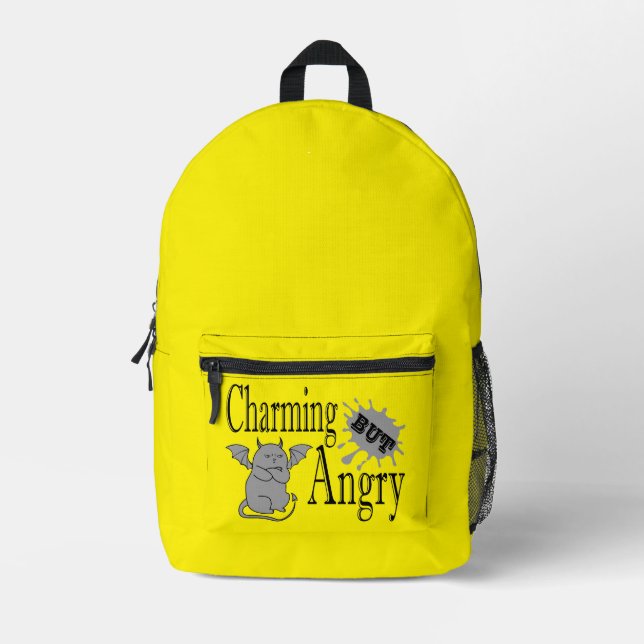 Charming but angry little devil cat funny quote printed backpack (Front)