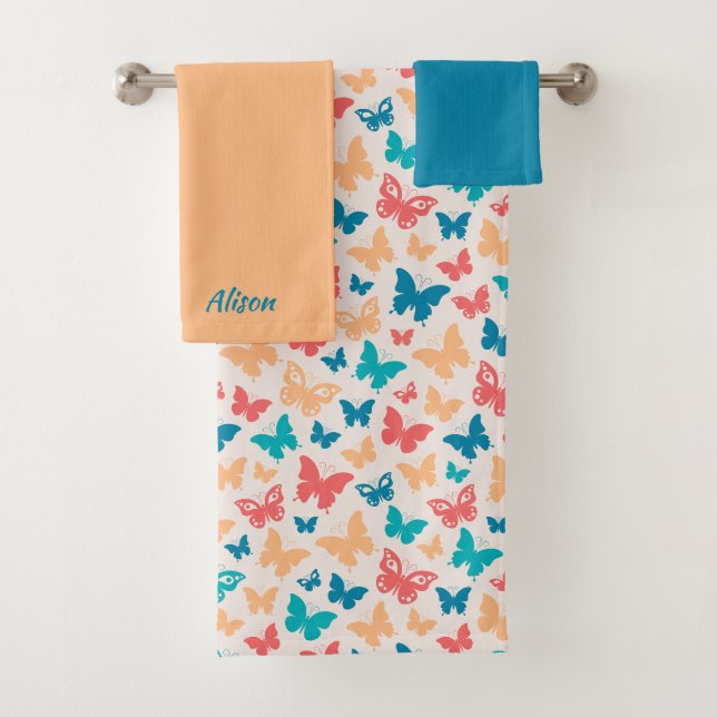 Charming Butterfly beige pink turquoise pattern Bath Towel Set (Insitu)