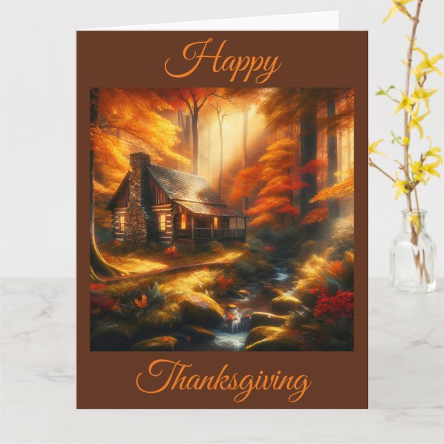 Charming Cabin in an Autumn Forest Thanksgiving Card (Yellow Flower)