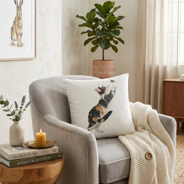 Charming Calico Cat & Butterfly Watercolor Throw  Cushion (Creator Uploaded)