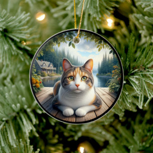 Charming Calico Cat Rustic Scene Ceramic Tree Decoration