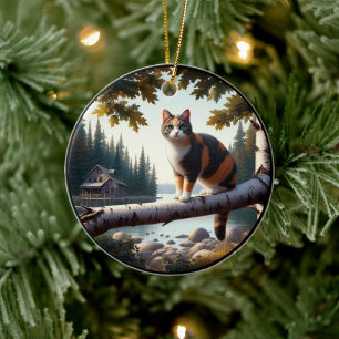 Charming Calico Cat Rustic Scene Ceramic Tree Decoration