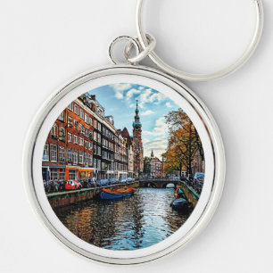 Charming Canal Scene in Amsterdam Key Ring