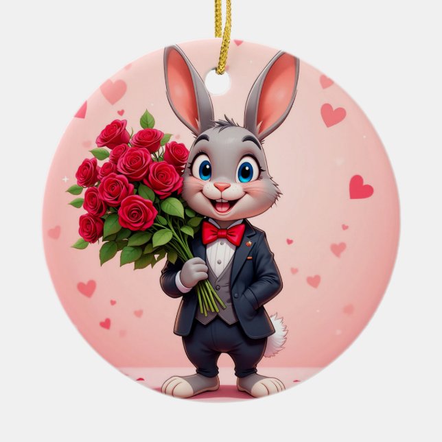 Charming Cartoon Bunny Holding Roses Ceramic Tree Decoration (Front)