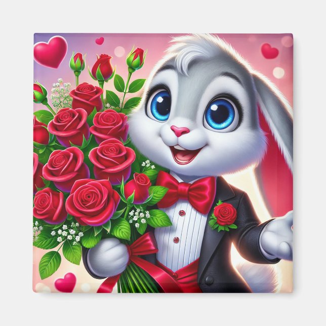 Charming Cartoon Bunny Holding Roses Magnet (Front)