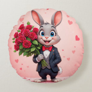 Charming Cartoon Bunny Holding Roses Round Cushion