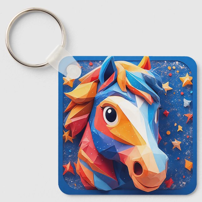 Charming Cartoon Horse Portrait With Stars Key Ring (Front)