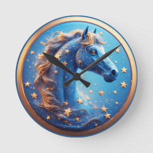 Charming Cartoon Horse Portrait With Stars Round Clock