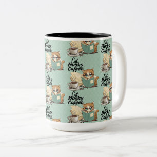 Charming Cat & Girl Reading Books Two-Tone Coffee Mug