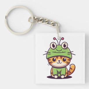 Charming Cat in Frog Hat - Adorable Baby Kitten Key Ring