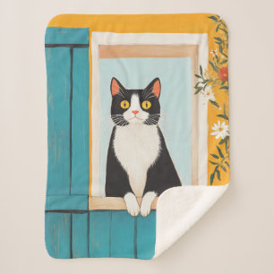 Charming Cat in Window Sherpa Blanket
