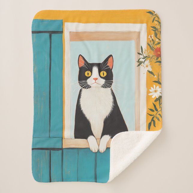 Charming Cat in Window Sherpa Blanket (Front)