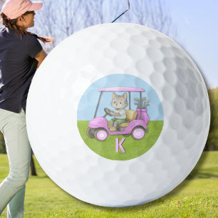 Charming Cat Pink Cart Purr-fectly on Par  Golf Balls