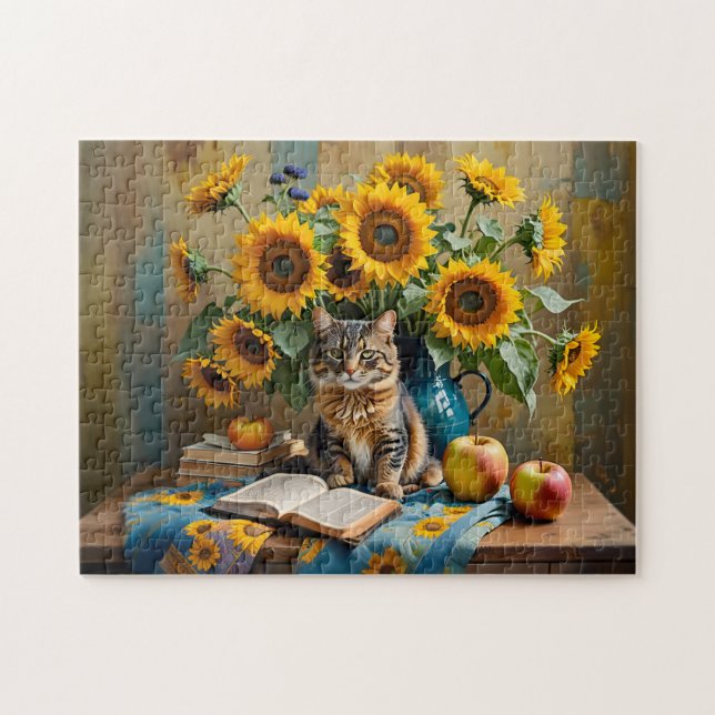 Charming Cat with Sunflower Bouquet Jigsaw Puzzle (Horizontal)