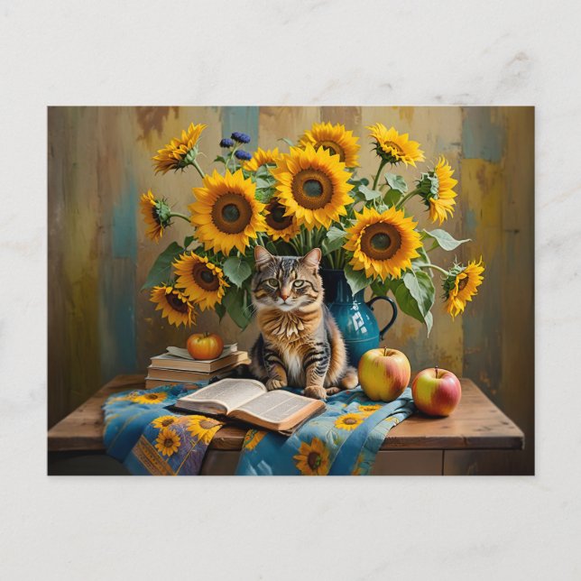 Charming Cat with Sunflower Bouquet Postcard (Front)