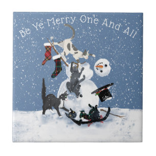 Charming cats and the snowman personalised 4 tile