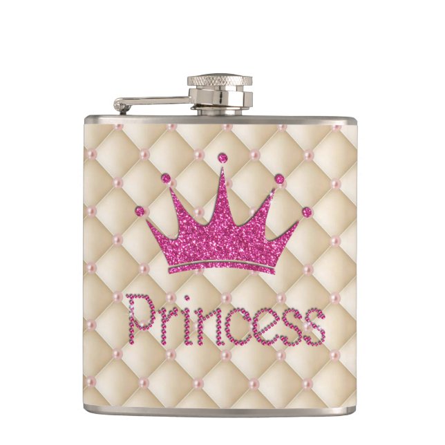 Charming Chic Pearls ,Tiara, Princess,Glittery Hip Flask (Front)