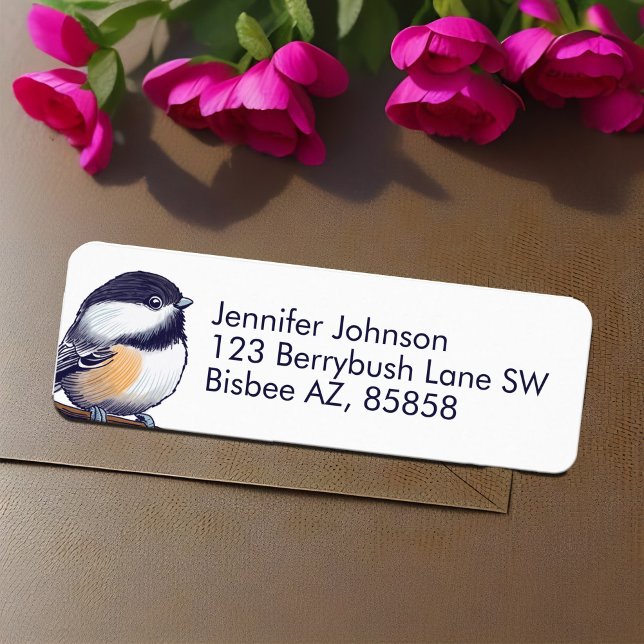 Charming Chickadee Adorable Black White Bird Sweet (Cute Chickadee adorable backyard bird return address label natural black & white simple lettering )