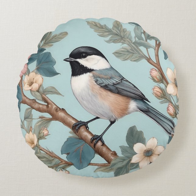 Charming Chickadee Bird Round Cushion (Front)