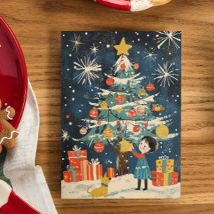 "Charming Child Decorating Christmas Tree Dog Holiday Card