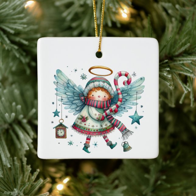 Charming Christmas Angel Modern Folk Art Style Ceramic Ornament (Tree)