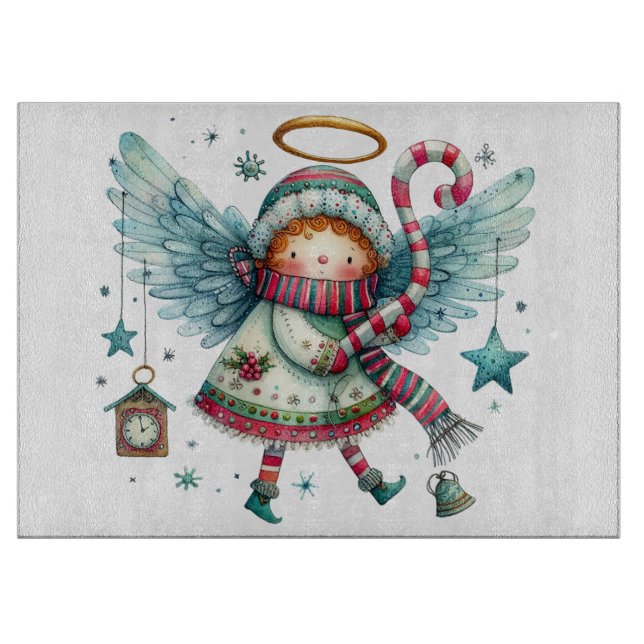 Charming Christmas Angel Modern Folk Art Style Cutting Board (Front)