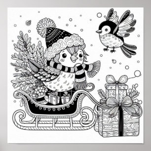 Charming Christmas Bird's Sleigh Ride Colouring Poster