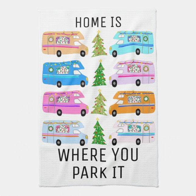 Charming Christmas Camper Retro RV Motorhomes Xmas Tea Towel (Vertical)