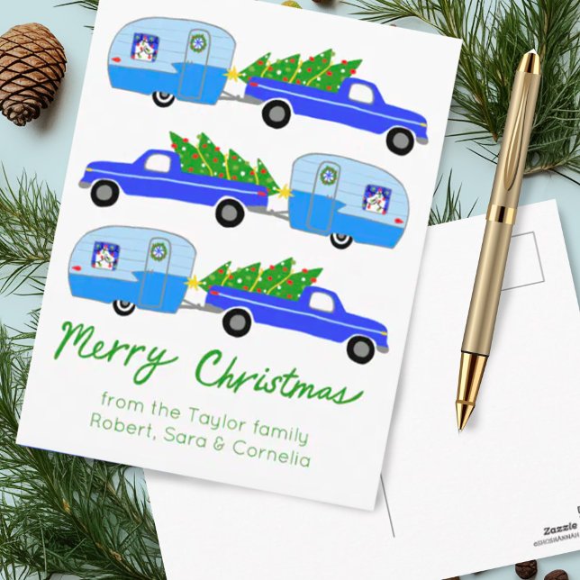 Charming Christmas Camper Vintage Trailer Retro RV Postcard (Custom Merry Christmas card with cute blue campers and trucks. Add your own text to this postcard)
