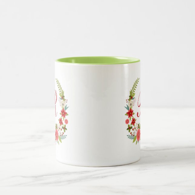 Charming Christmas Floral Wreath Monogram Two-Tone Coffee Mug (Center)