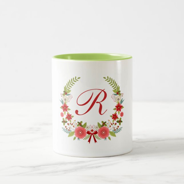 Charming Christmas Floral Wreath Monogram Two-Tone Coffee Mug (Center)