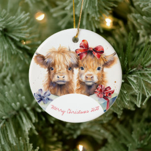 Charming Christmas Highland Cows Ceramic Tree Decoration