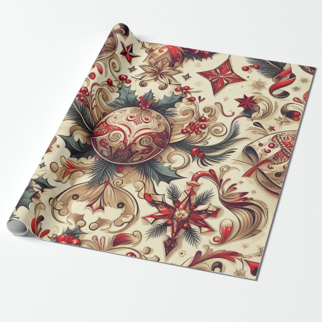 Charming Christmas Motifs Wrapping Paper (Unrolled)