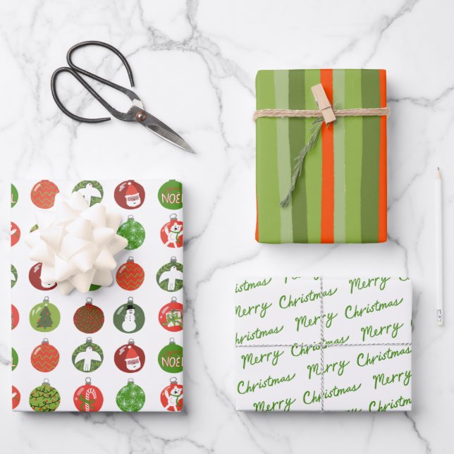Charming Christmas Ornaments Xmas Stripes Variety Wrapping Paper Sheet (Front)