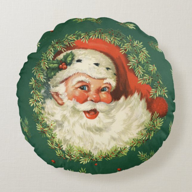 Charming Christmas Retro Vintage Jolly Santa Round Cushion (Front)