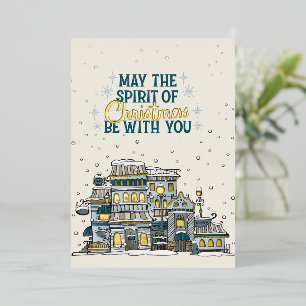 Charming Christmas Spirit Snowy Town Teal and Gold Foil Holiday Card