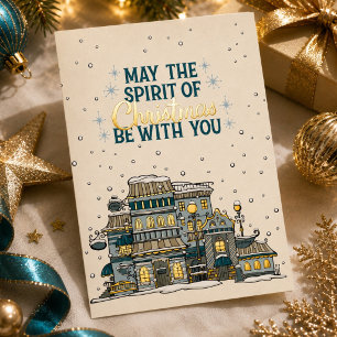 Charming Christmas Spirit Snowy Town Teal and Gold Foil Holiday Card