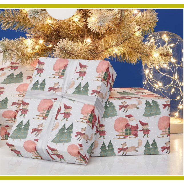 Charming Christmas Trees Santa Elves Snow Wrapping Paper (Creator Uploaded)