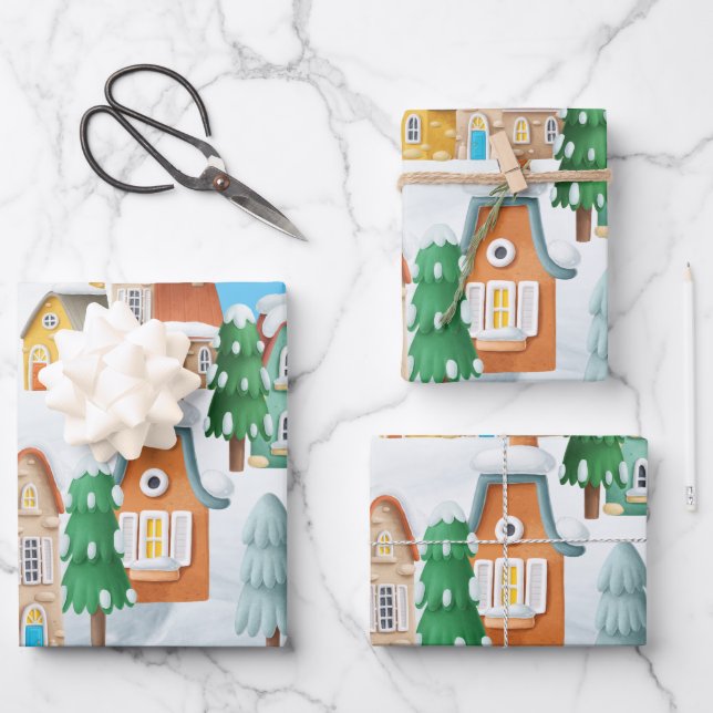 Charming Christmas Village Houses Trees Snow Wrapping Paper Sheet (Front)
