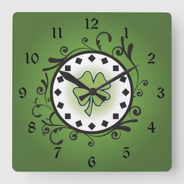 Charming Clover and Vines Green and Black Irish Square Wall Clock (Front)