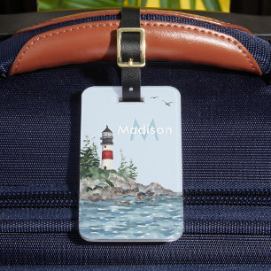 Charming Coastal Lighthouse Rocks Monogram Name Luggage Tag