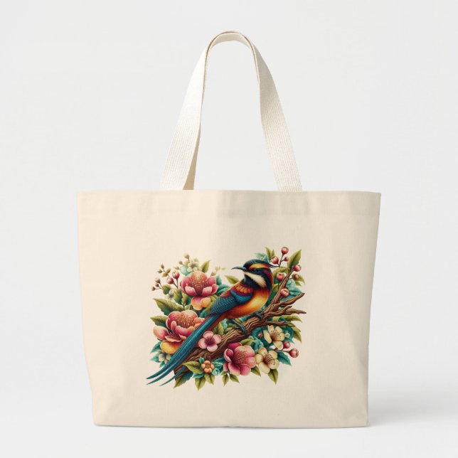 Charming Colourful Bird and Flower Large Tote Bag (Front)