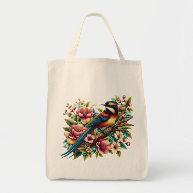 Charming Colourful Bird and Flower Tote Bag (Front)