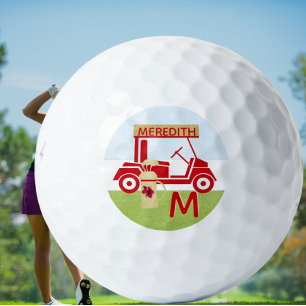 Charming Colourful Cart Red Gold Name Monogram    Golf Balls