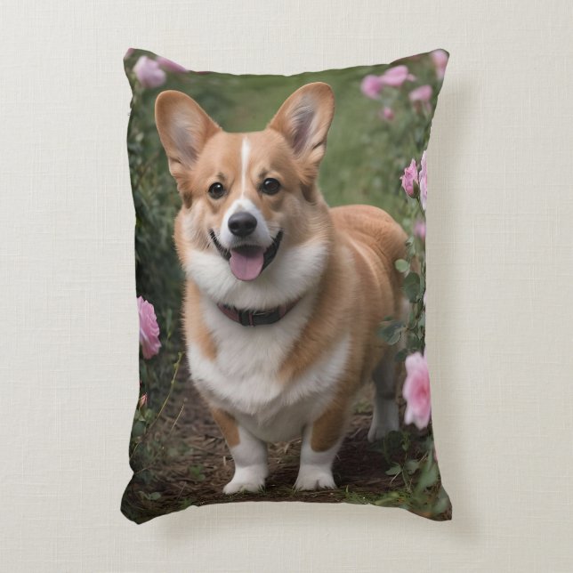 "Charming Companion: A Corgi in a Pink Rose Garden Decorative Cushion (Front(Vertical))