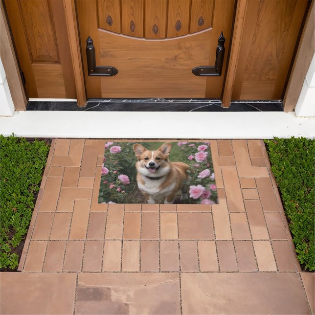 "Charming Companion: A Corgi in a Pink Rose Garden Doormat (Outdoor)