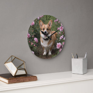 "Charming Companion: A Corgi in a Pink Rose Garden Large Clock