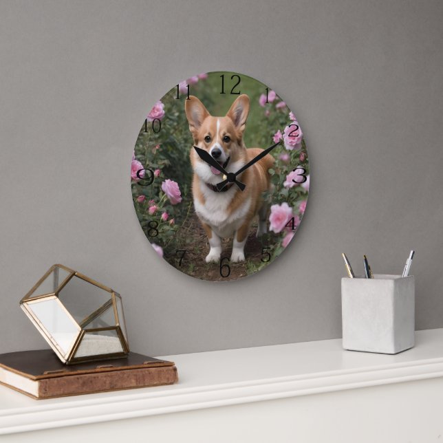 "Charming Companion: A Corgi in a Pink Rose Garden Large Clock (Office)