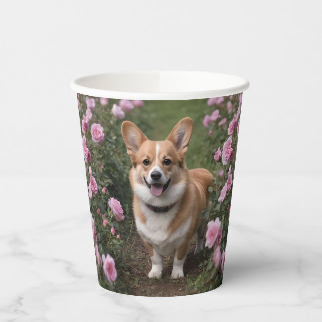 "Charming Companion: A Corgi in a Pink Rose Garden Paper Cups (Left)